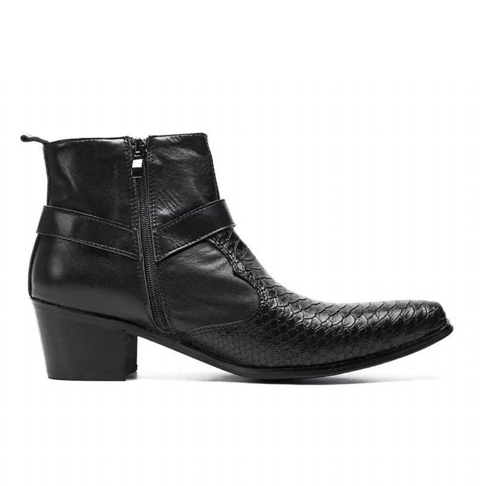 Bottes Pour Hommes Bottines Fête Cuir Noir Serpent Luxe - Noir