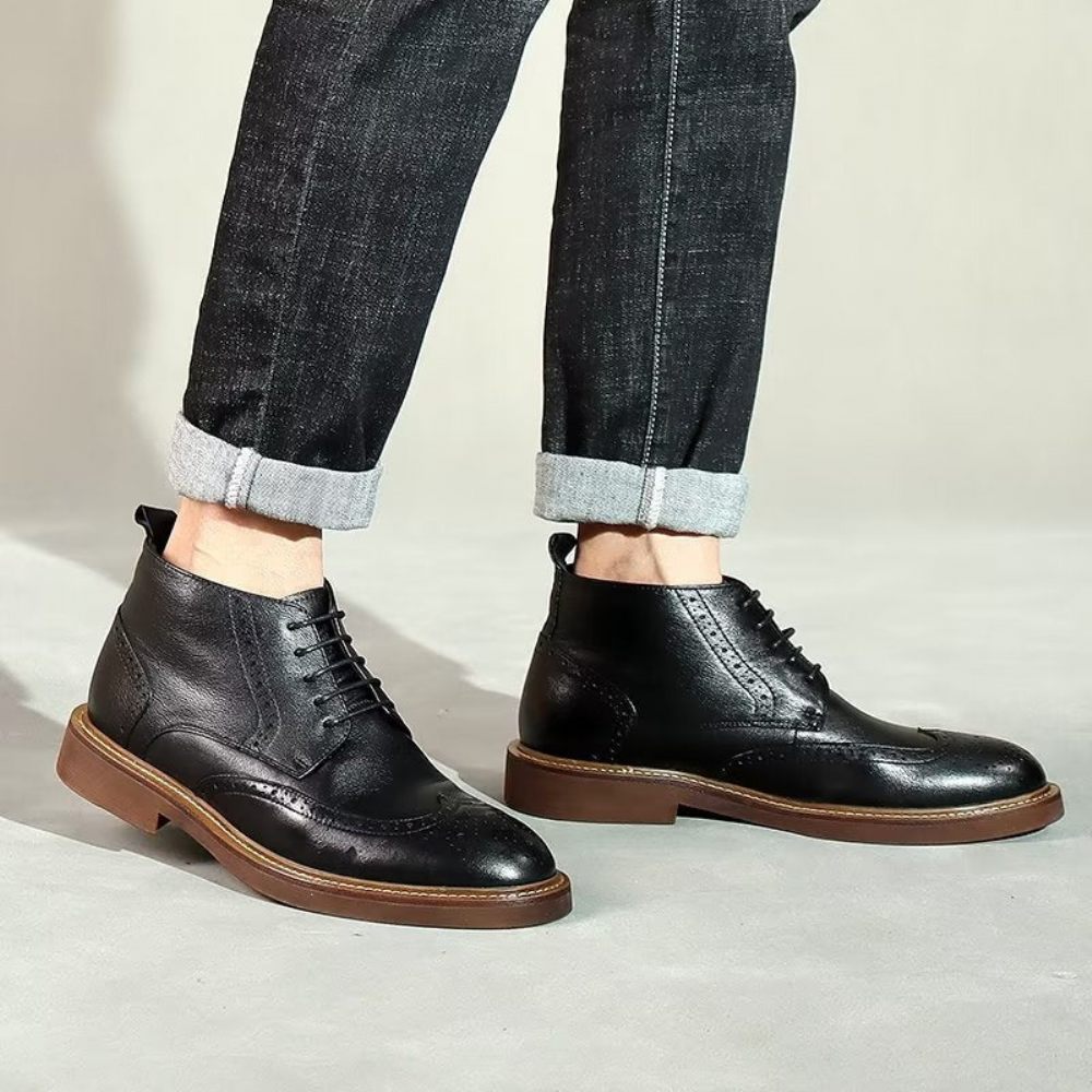 Bottes Pour Hommes Bottines À Lacets Cuir Chic - Noir