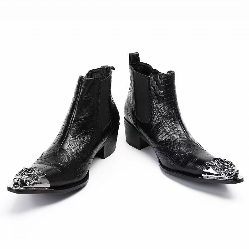 Bottes Pour Hommes Bottines Luxe Cuir À Texture Croco - Noir