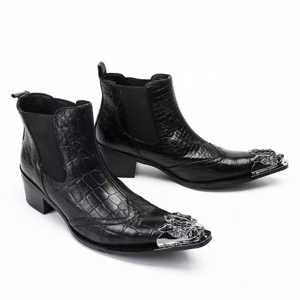 Bottes Pour Hommes Bottines Luxe Cuir À Texture Croco - Noir