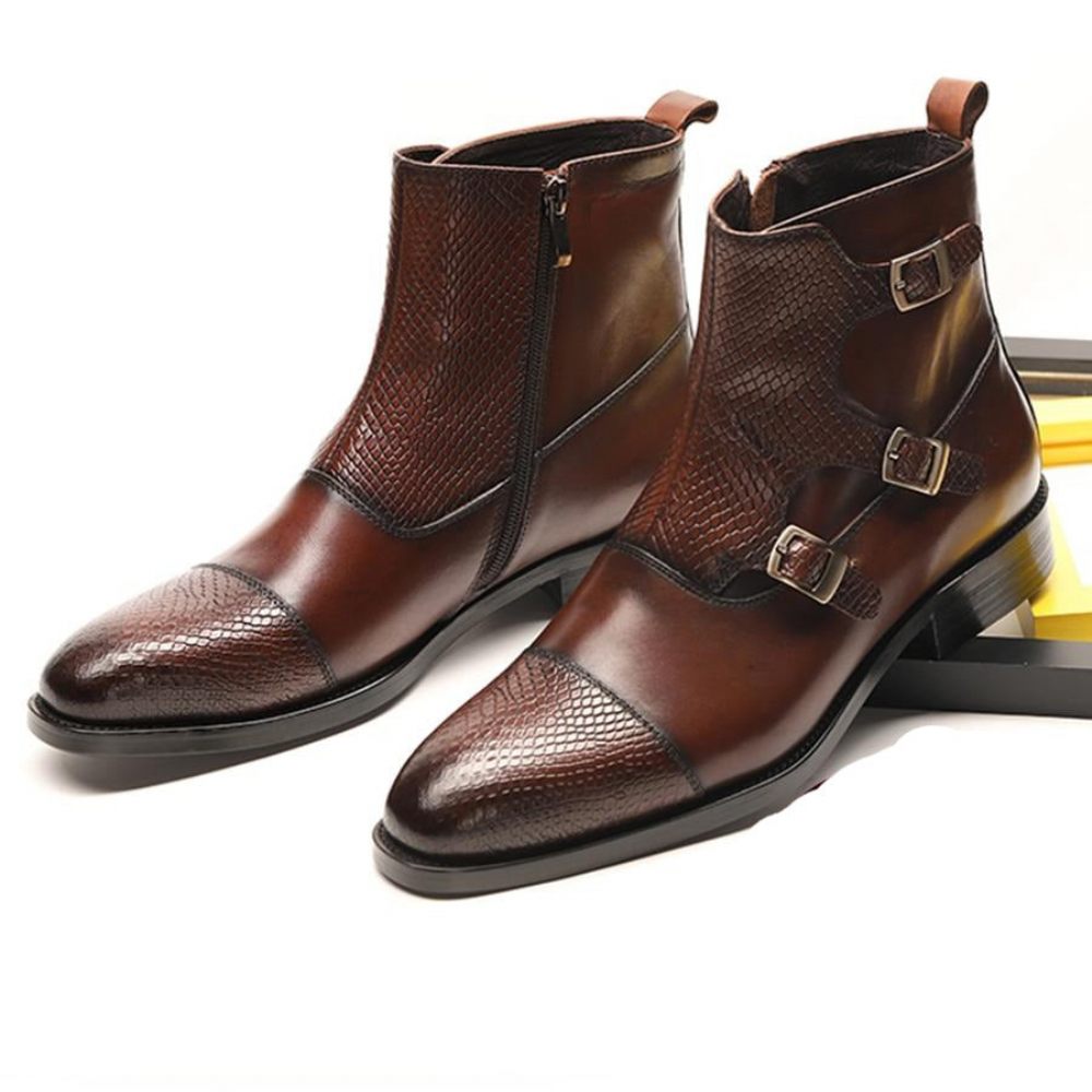 Bottes Pour Hommes Bottines Luxe Cuir Vache Croczip - Café