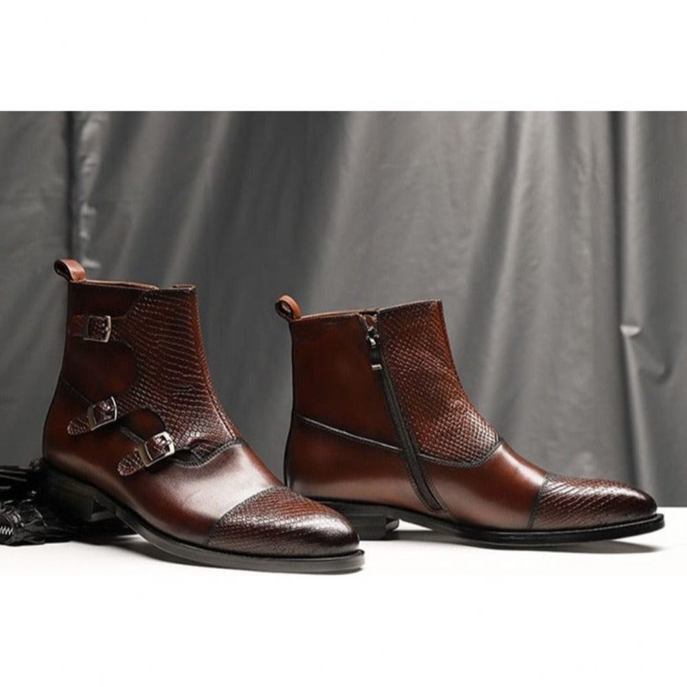 Bottes Pour Hommes Bottines Luxe Cuir Vache Croczip - Café