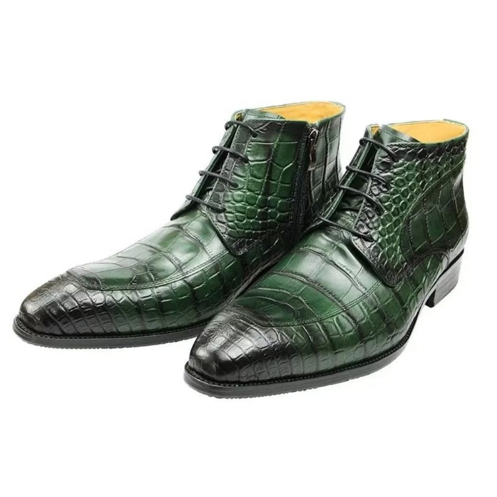 Bottes Pour Hommes Bottines Luxe À Lacets Cuir Imprimé Élégant - Vert