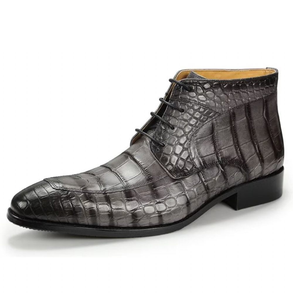 Bottes Pour Hommes Bottines Luxe À Lacets Cuir Imprimé Élégant - Gris