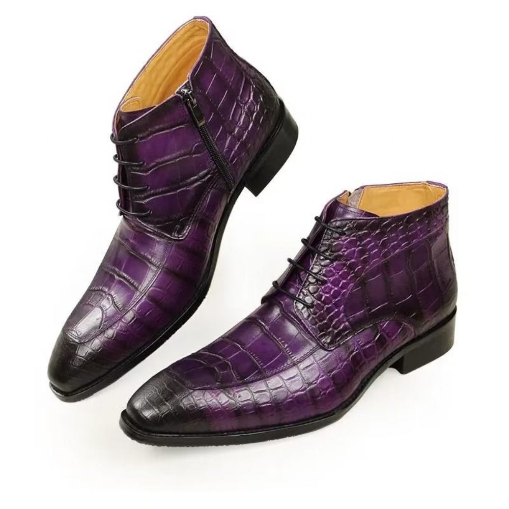 Bottes Pour Hommes Bottines Luxe À Lacets Cuir Imprimé Élégant - Violet