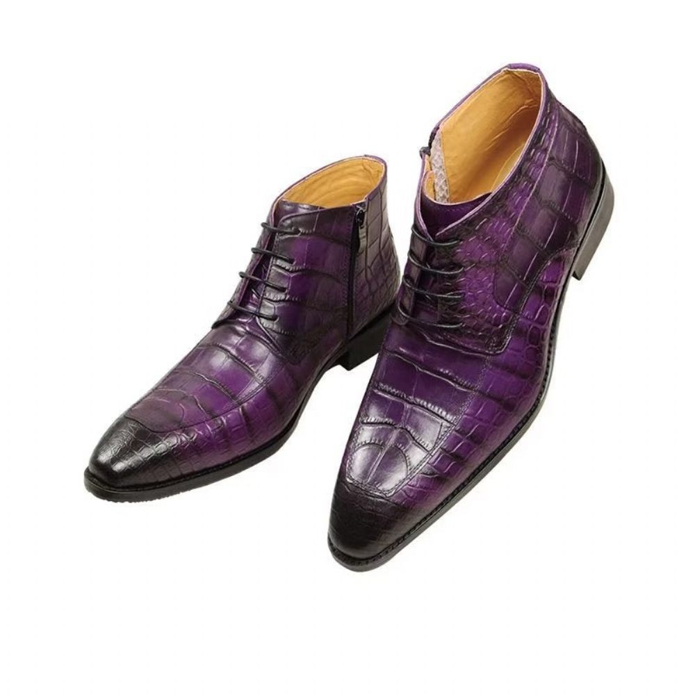 Bottes Pour Hommes Bottines Luxe À Lacets Cuir Imprimé Élégant - Violet