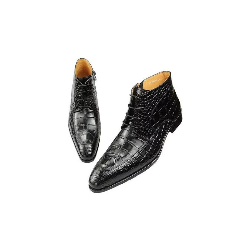 Bottes Pour Hommes Bottines Luxe À Lacets Cuir Imprimé Élégant - Noir