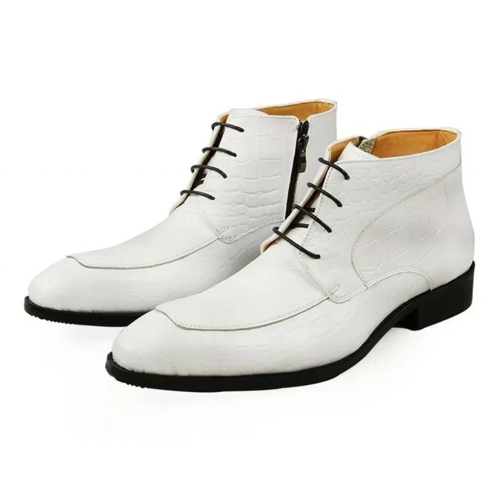 Bottes Pour Hommes Bottines Luxe À Lacets Cuir Imprimé Élégant - Blanc