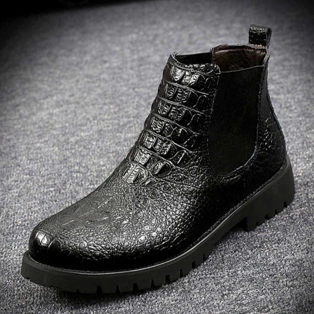 Bottes Pour Hommes Bottines Moto Cuir À Motif Exotique - Noir