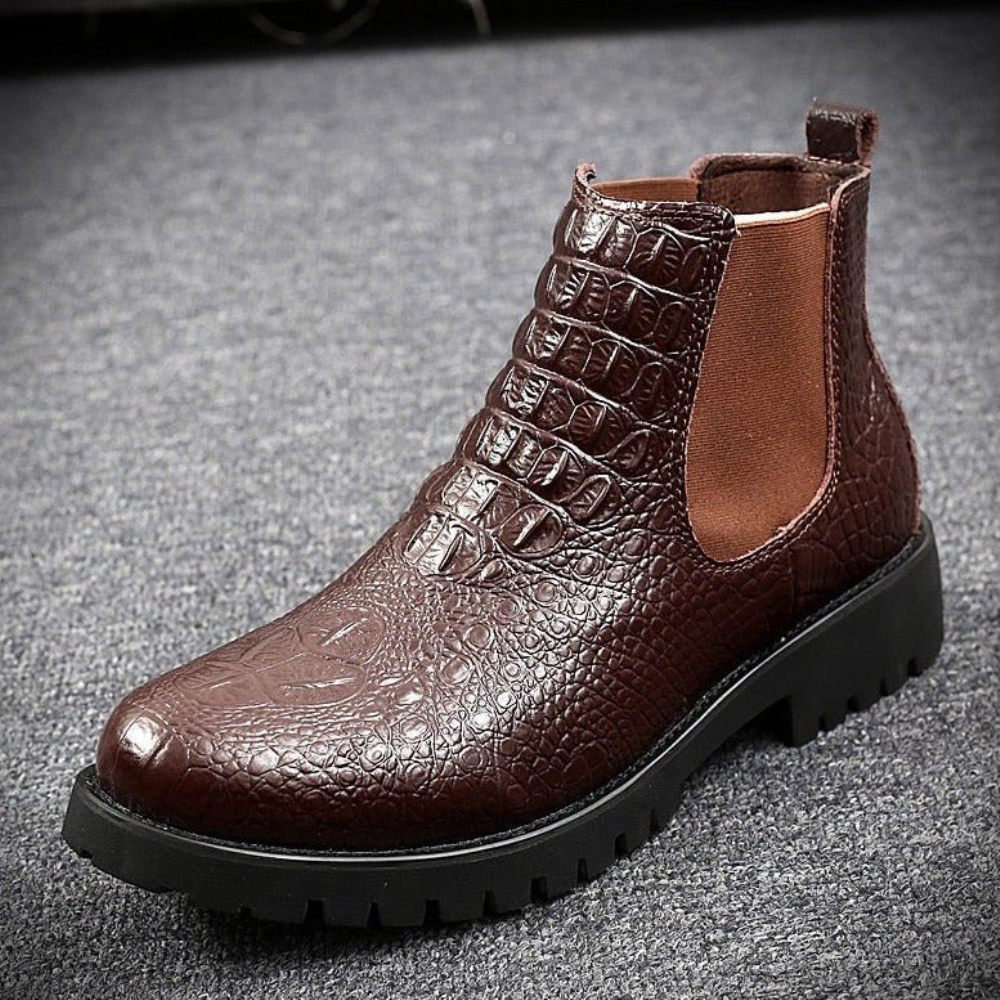 Bottes Pour Hommes Bottines Moto Cuir À Motif Exotique - Café