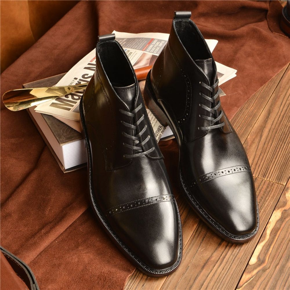 Bottes Pour Hommes Bottines À Plateforme Lacets Cuir Luxe - Noir