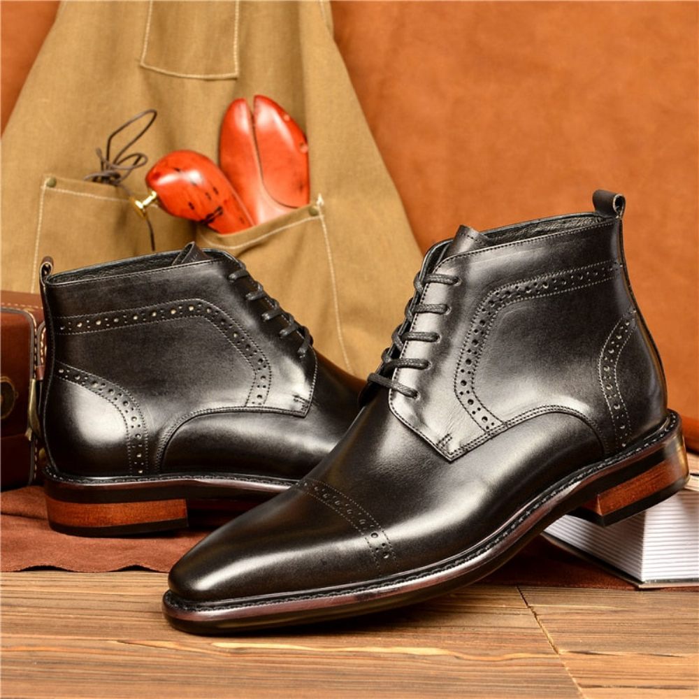 Bottes Pour Hommes Bottines À Plateforme Lacets Cuir Luxe - Noir