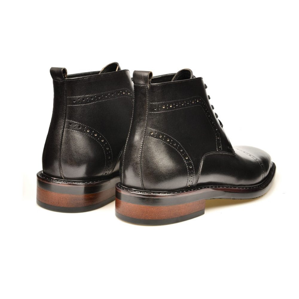 Bottes Pour Hommes Bottines À Plateforme Lacets Cuir Luxe - Noir