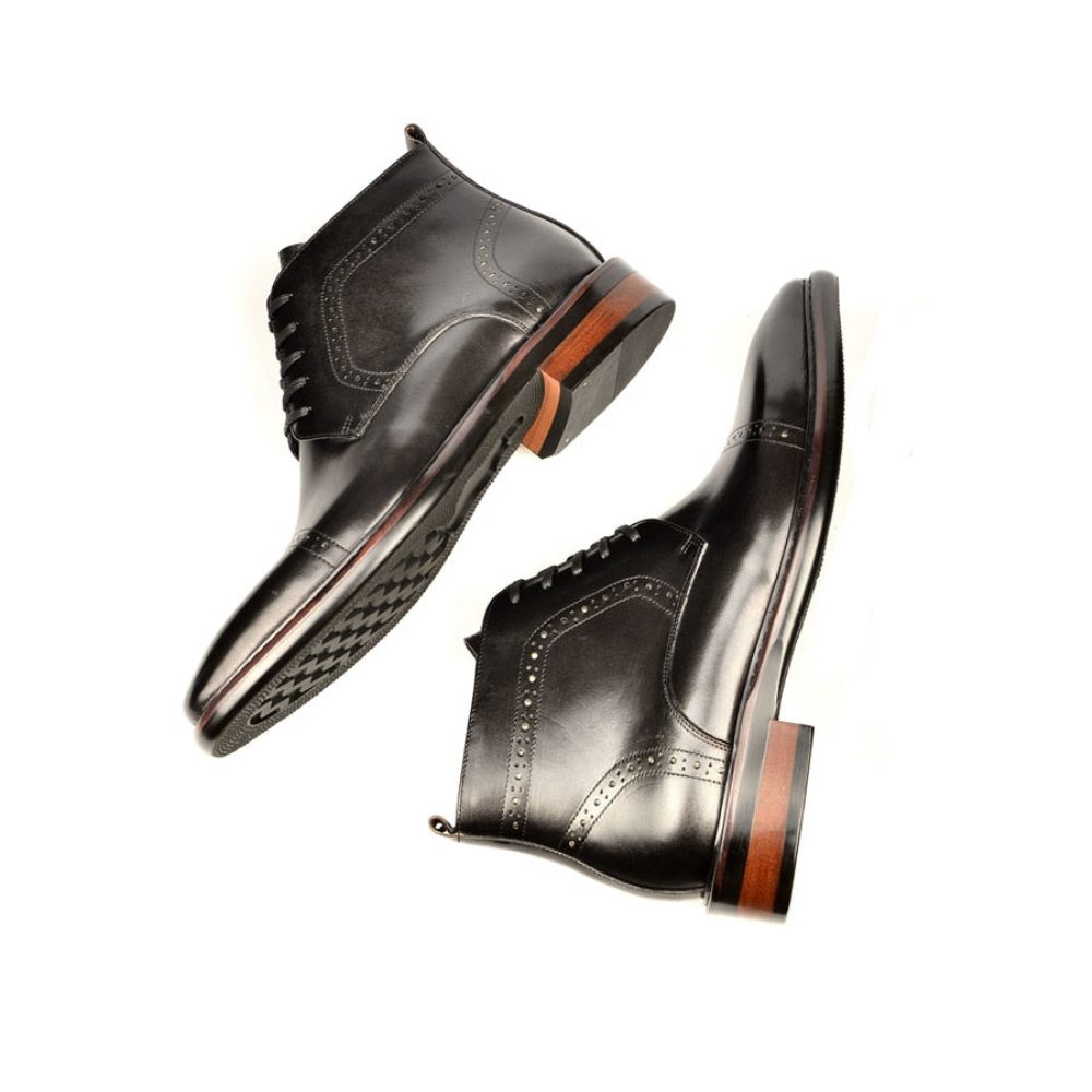 Bottes Pour Hommes Bottines À Plateforme Lacets Cuir Luxe - Noir