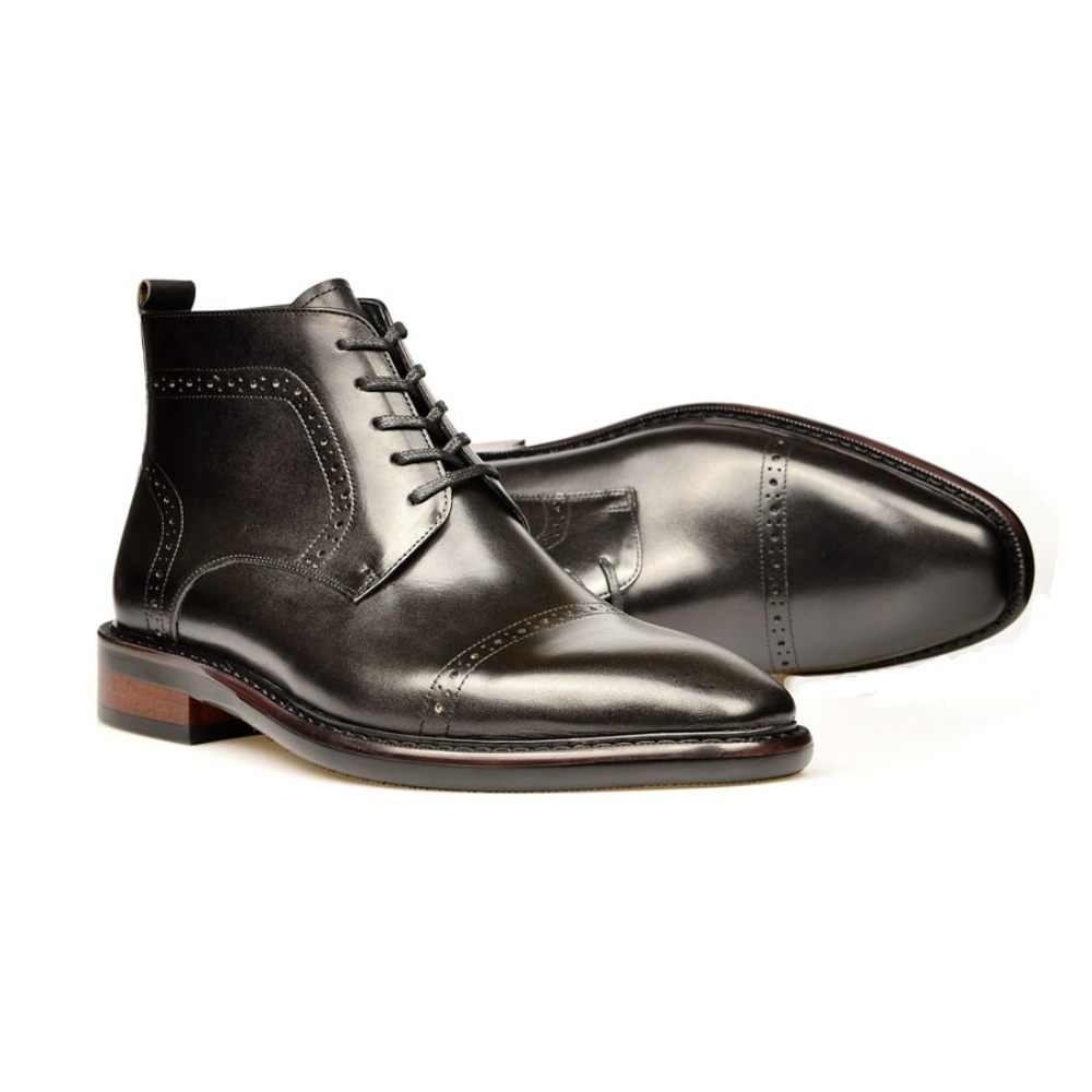 Bottes Pour Hommes Bottines À Plateforme Lacets Cuir Luxe - Noir