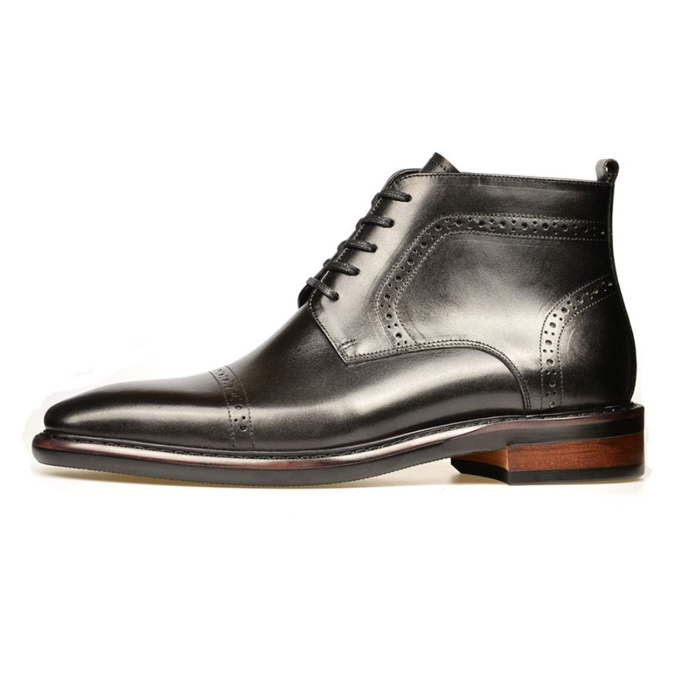 Bottes Pour Hommes Bottines À Plateforme Lacets Cuir Luxe - Noir