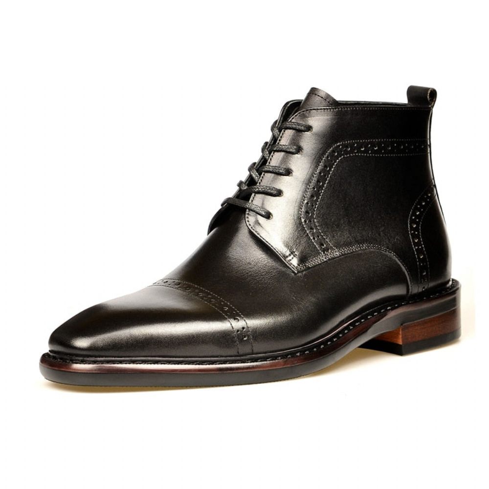 Bottes Pour Hommes Bottines À Plateforme Lacets Cuir Luxe - Noir