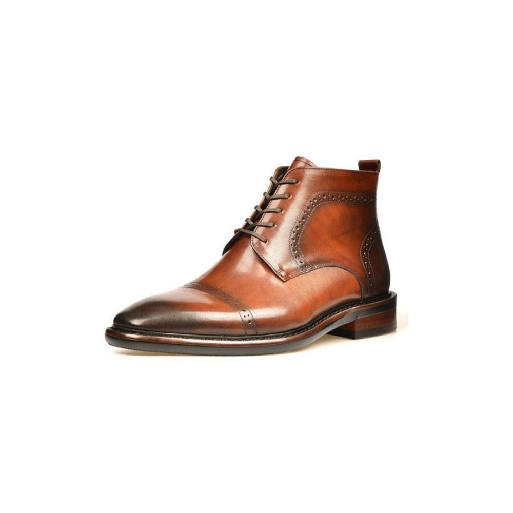 Bottes Pour Hommes Bottines À Plateforme Lacets Cuir Luxe - Marron