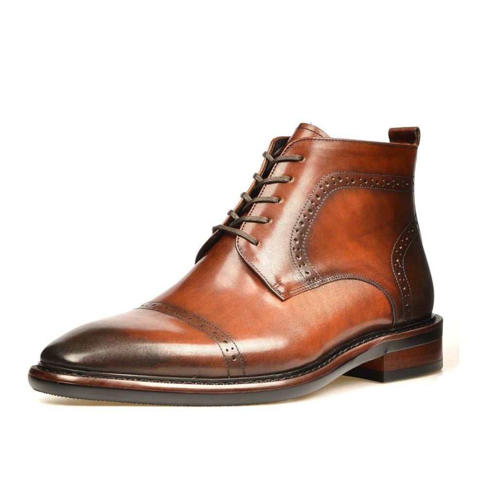 Bottes Pour Hommes Bottines À Plateforme Lacets Cuir Luxe - Marron