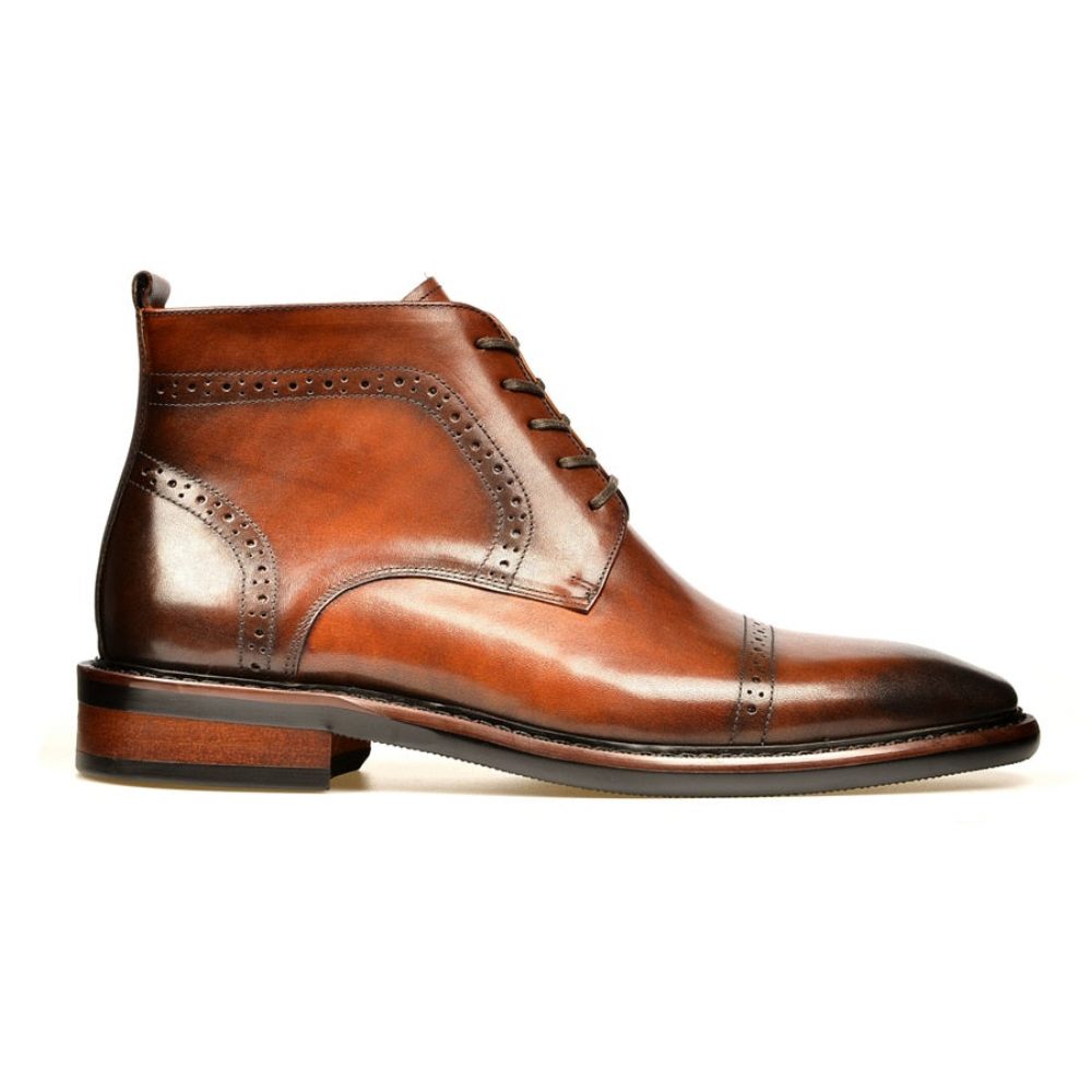 Bottes Pour Hommes Bottines À Plateforme Lacets Cuir Luxe - Marron