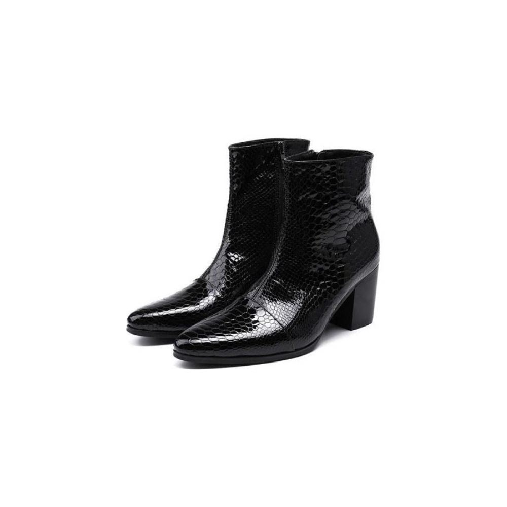 Bottes Pour Hommes Bottines Rehaussantes À Bout Pointu Serpent Brillant - Noir