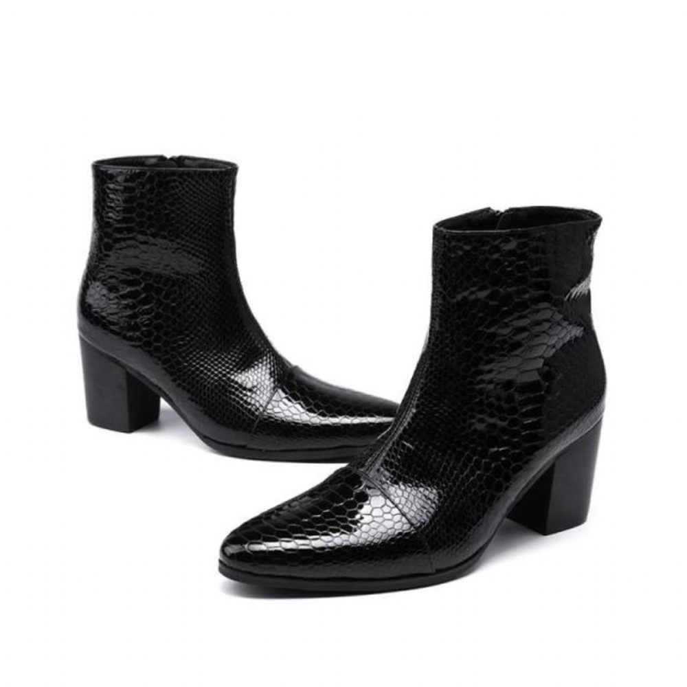 Bottes Pour Hommes Bottines Rehaussantes À Bout Pointu Serpent Brillant - Noir