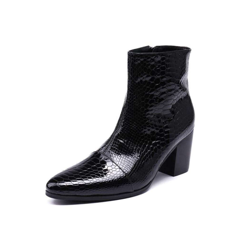 Bottes Pour Hommes Bottines Rehaussantes À Bout Pointu Serpent Brillant - Noir