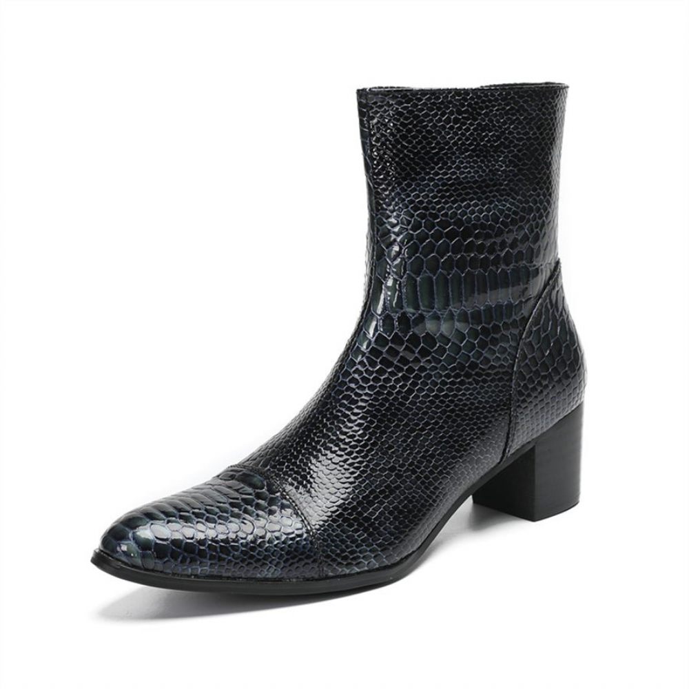 Bottes Pour Hommes Bottines Rehaussantes À Bout Pointu Serpent Brillant - Bleu