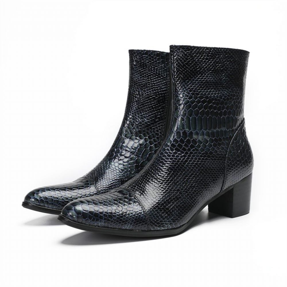 Bottes Pour Hommes Bottines Rehaussantes À Bout Pointu Serpent Brillant - Bleu