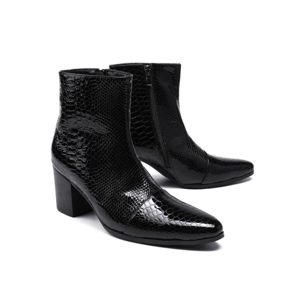 Bottes Pour Hommes Bottines Rehaussantes À Bout Pointu Serpent Brillant - Noir