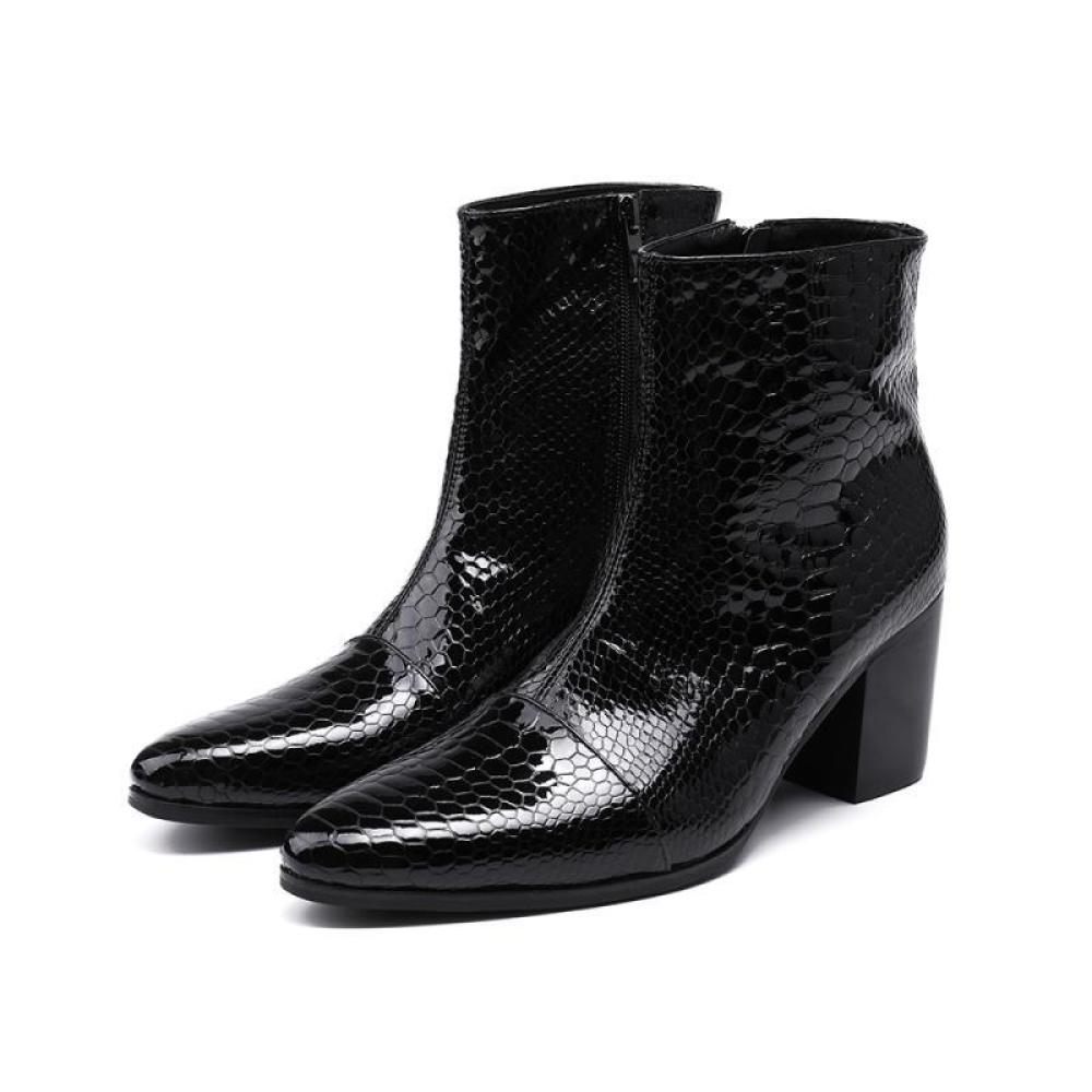 Bottes Pour Hommes Bottines Rehaussantes À Bout Pointu Serpent Brillant - Noir