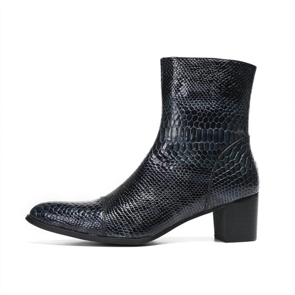 Bottes Pour Hommes Bottines Rehaussantes À Bout Pointu Serpent Brillant - Bleu