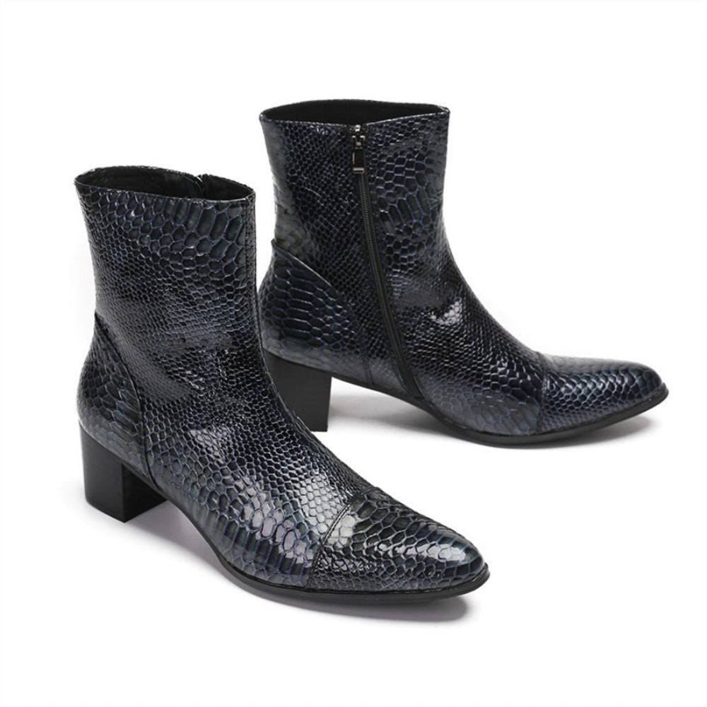 Bottes Pour Hommes Bottines Rehaussantes À Bout Pointu Serpent Brillant - Bleu