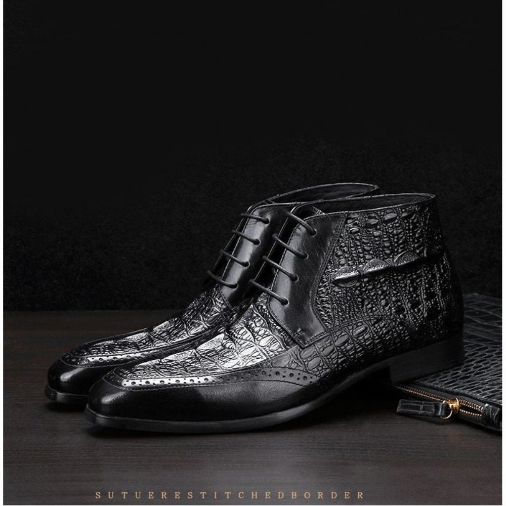 Bottes Pour Hommes Bottines Richelieu À Lacets Texture Croco - Noir