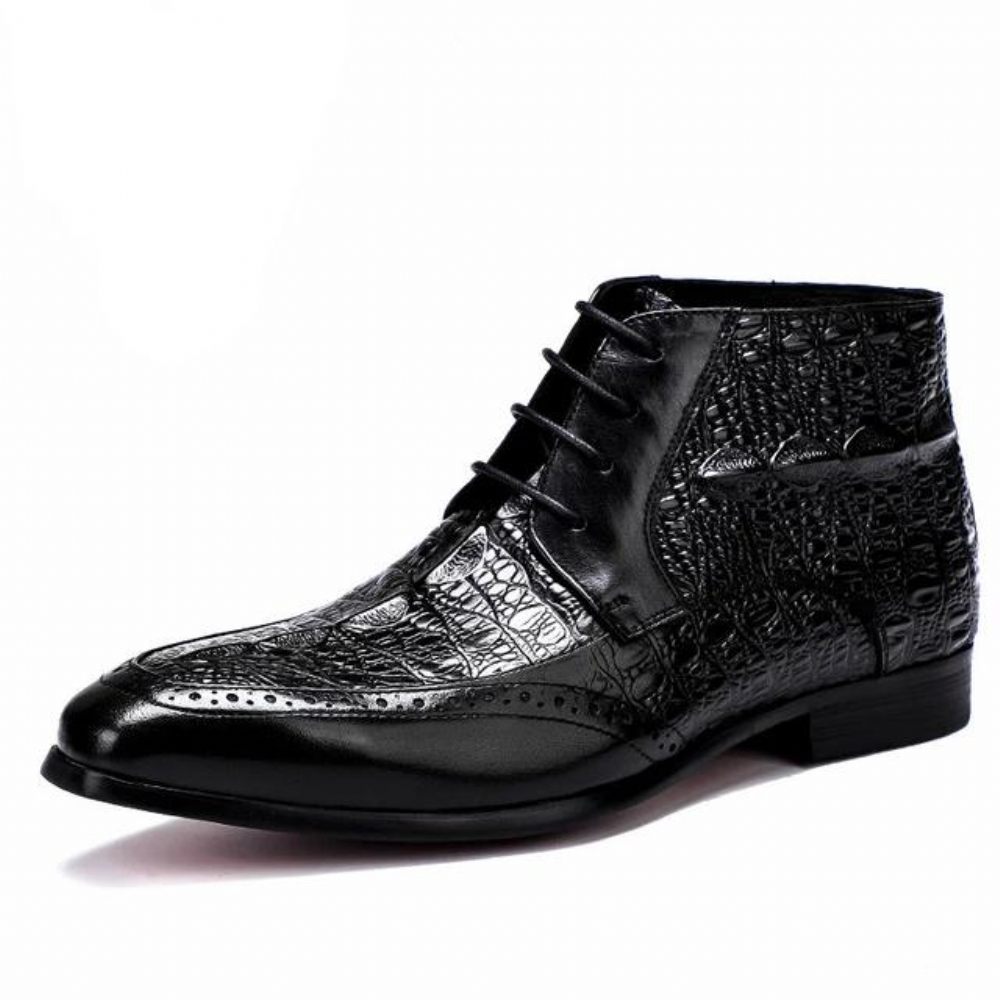 Bottes Pour Hommes Bottines Richelieu À Lacets Texture Croco - Noir