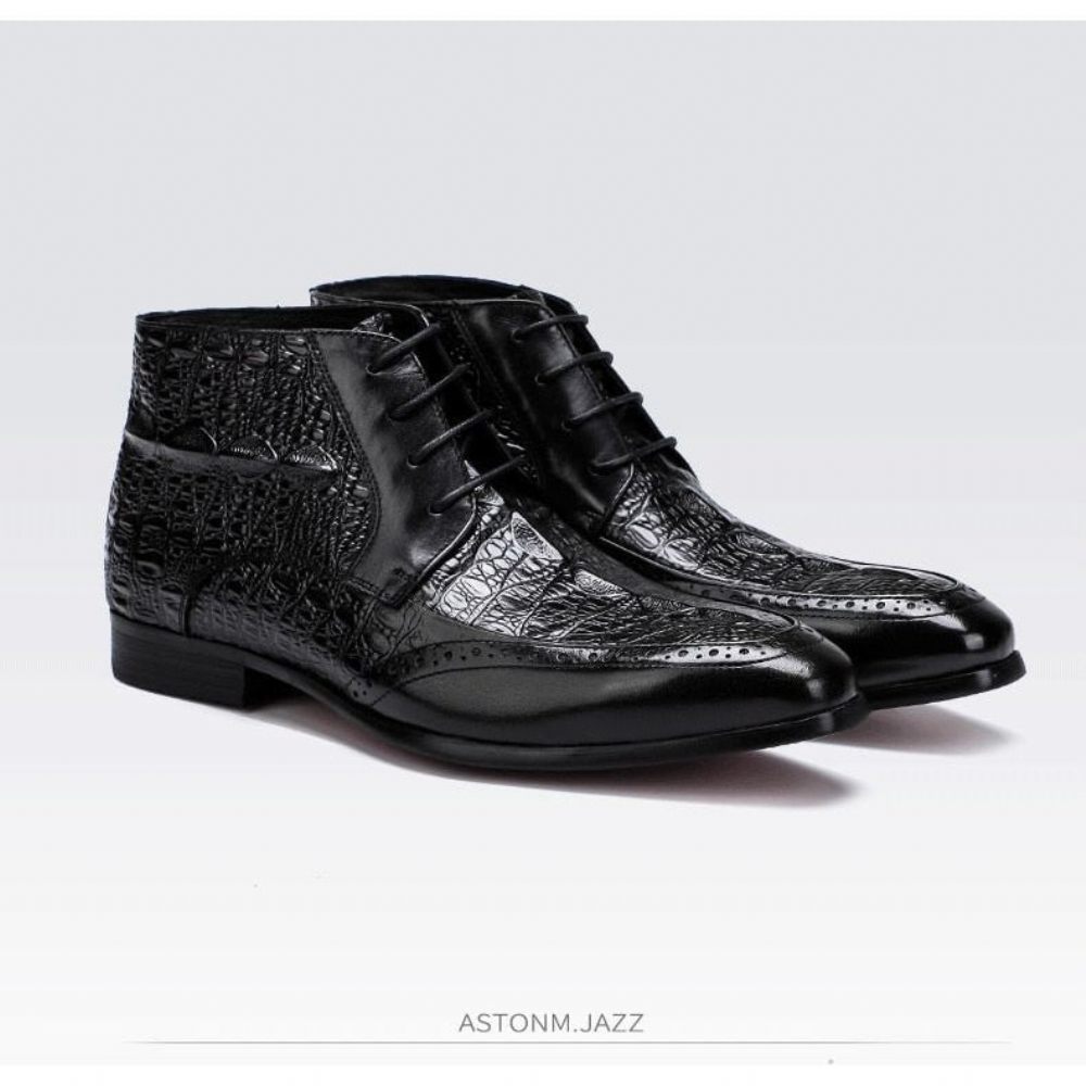 Bottes Pour Hommes Bottines Richelieu À Lacets Texture Croco - Noir