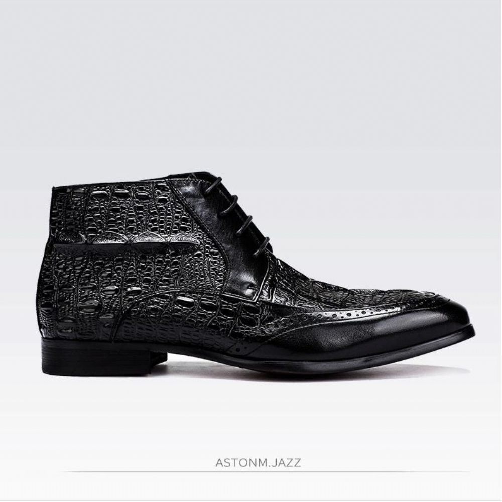 Bottes Pour Hommes Bottines Richelieu À Lacets Texture Croco - Noir