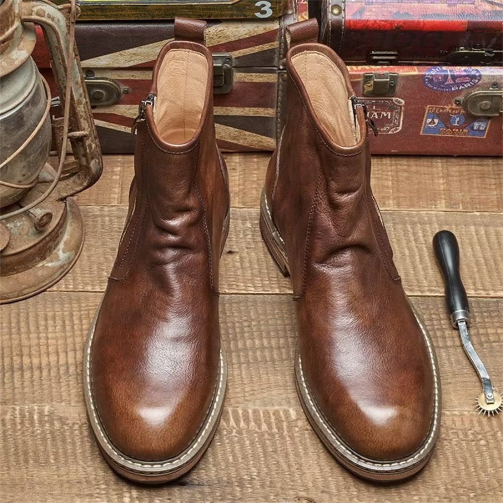 Bottes Pour Hommes Bottines À Talons Élégantes Peau Vache Enfiler - Café