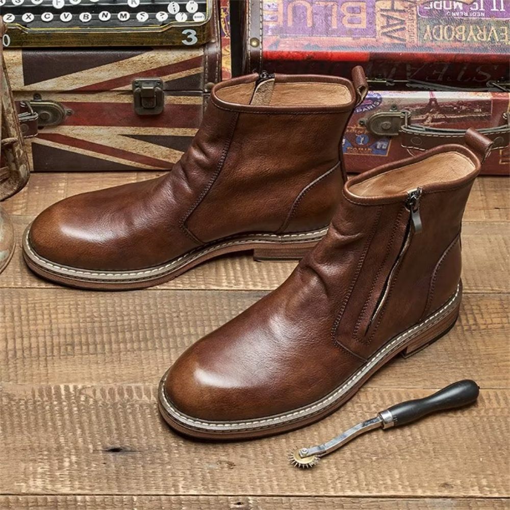 Bottes Pour Hommes Bottines À Talons Élégantes Peau Vache Enfiler - Café