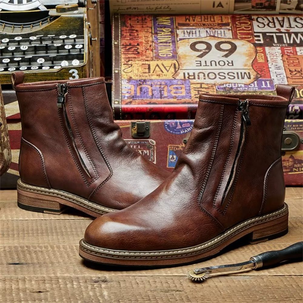 Bottes Pour Hommes Bottines À Talons Élégantes Peau Vache Enfiler - Café