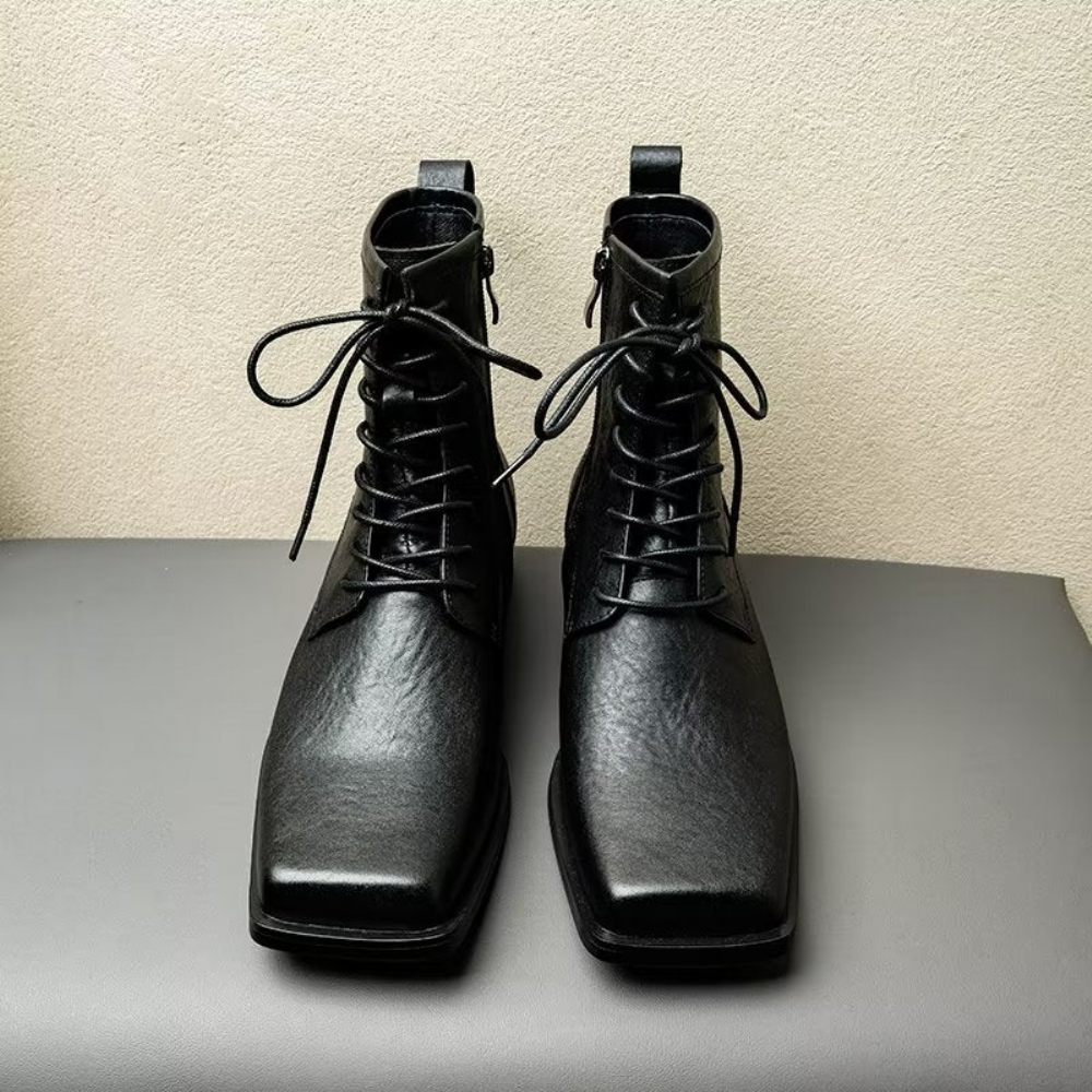 Bottes Pour Hommes Chelsea Élégantes Cuir Véritable À Bout Carré - Noir