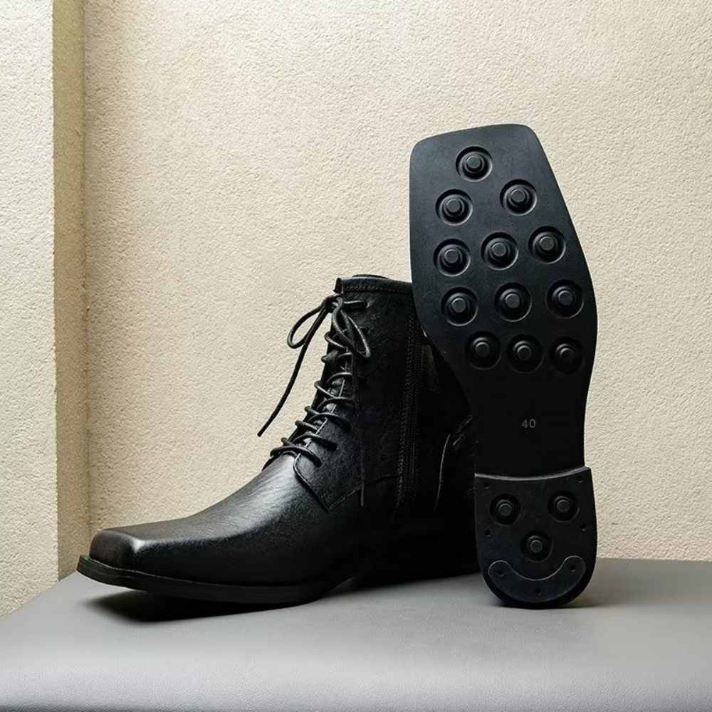 Bottes Pour Hommes Chelsea Élégantes Cuir Véritable À Bout Carré - Noir