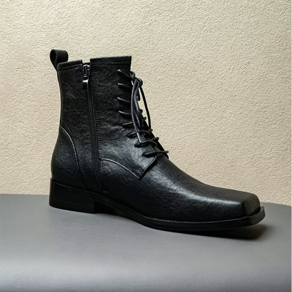 Bottes Pour Hommes Chelsea Élégantes Cuir Véritable À Bout Carré - Noir