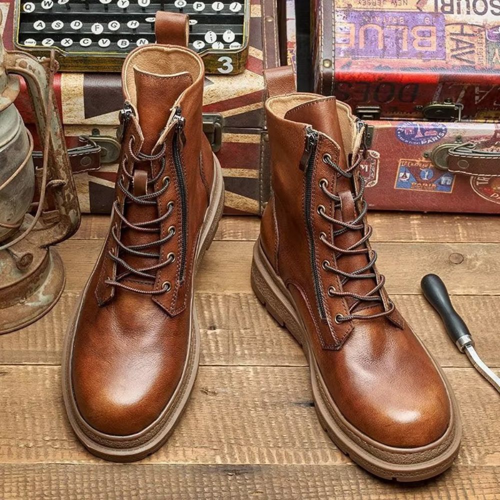 Bottes Pour Hommes Cuir À Enfiler Chics Bout Rond - Café