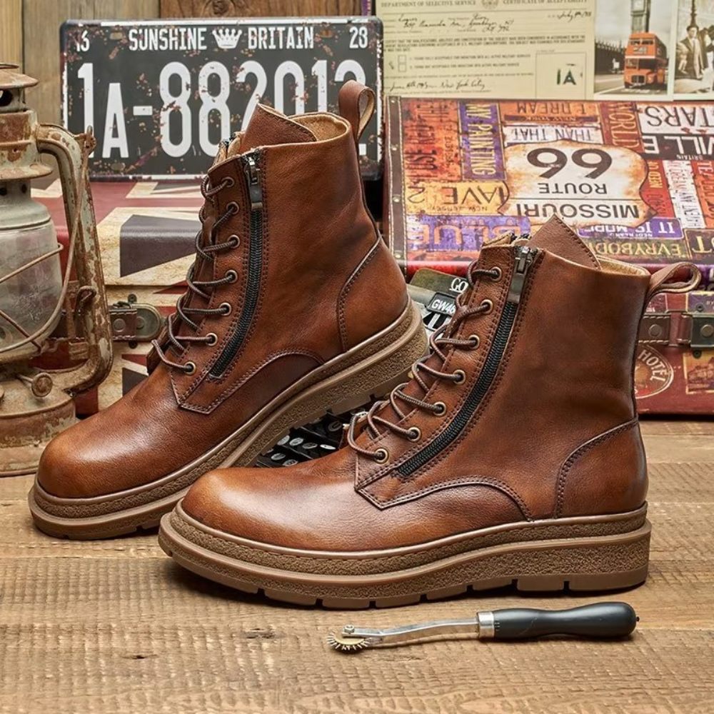 Bottes Pour Hommes Cuir À Enfiler Chics Bout Rond - Café