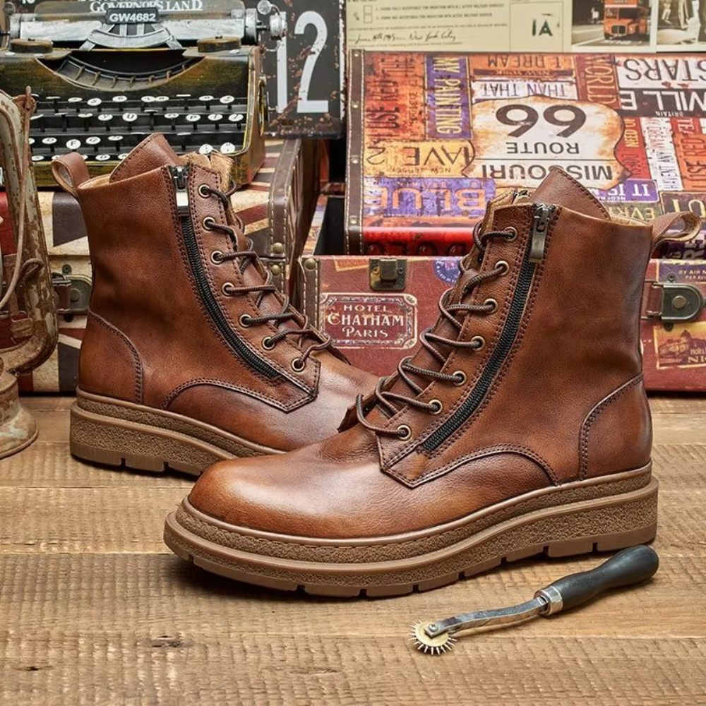 Bottes Pour Hommes Cuir À Enfiler Chics Bout Rond - Café