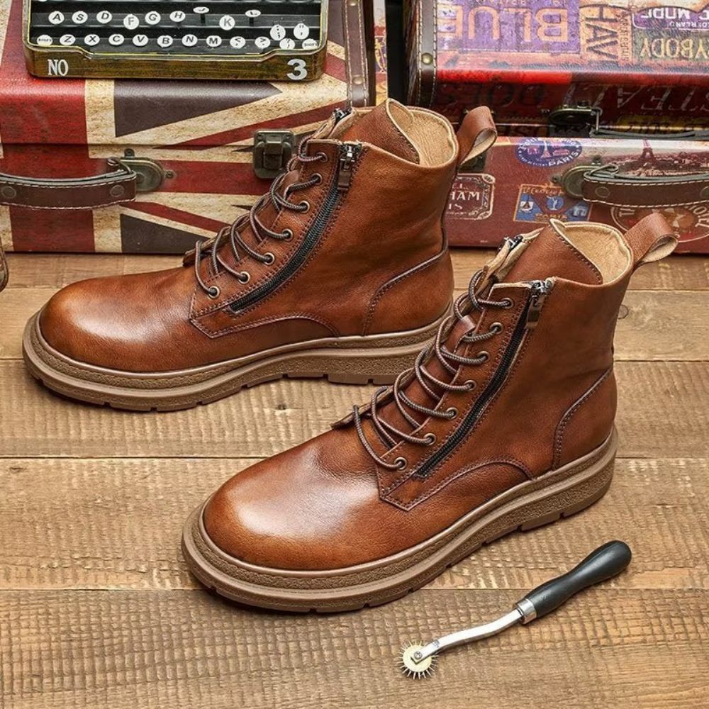 Bottes Pour Hommes Cuir À Enfiler Chics Bout Rond - Café