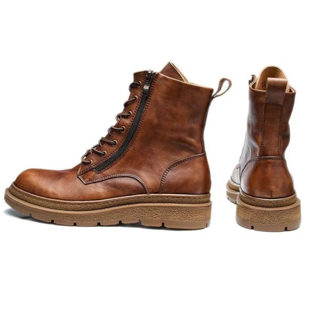 Bottes Pour Hommes Cuir À Enfiler Chics Bout Rond - Café