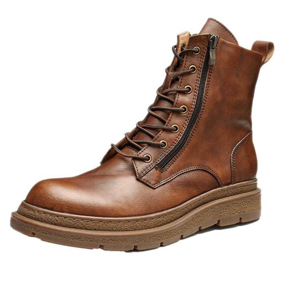 Bottes Pour Hommes Cuir À Enfiler Chics Bout Rond - Café