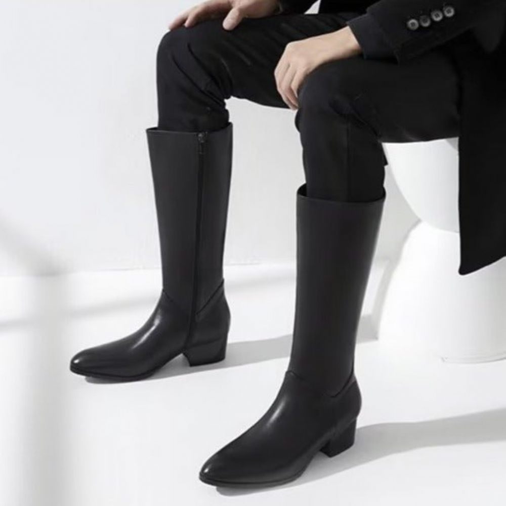 Bottes Pour Hommes Cuir À Talons Hauts Bout Pointu Chic - Noir